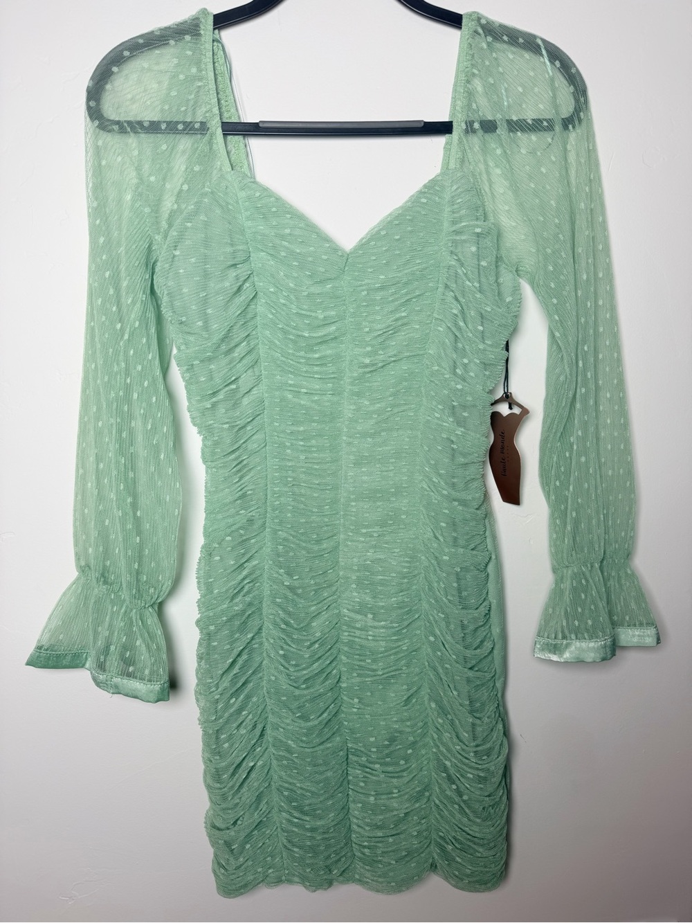 Haute Monde Mint Green Ruched Swiss Dot Long-Sleeve Dress mesh polka dot S NWT